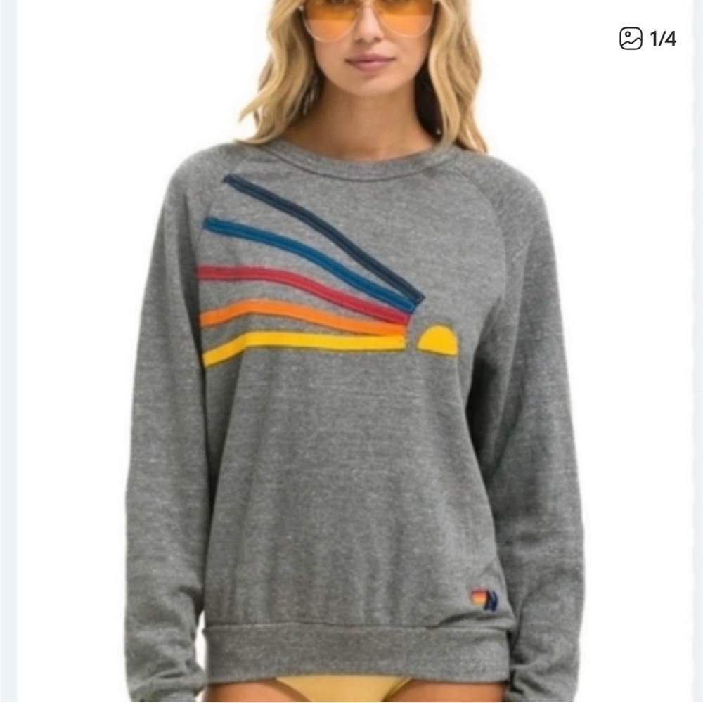 Gray Sweatshirt with Colorful Stripes